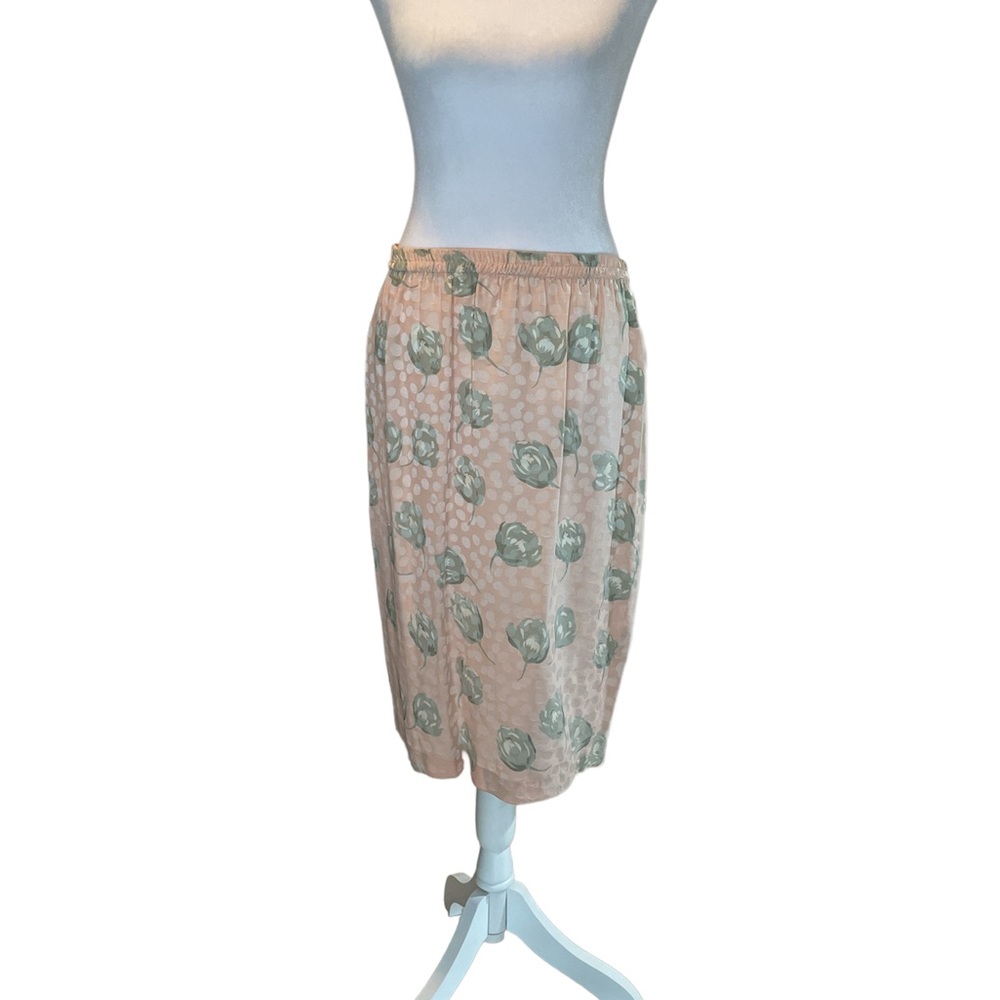 Vintage 100% Silk Pink with Pale Green Floral Elastic Waist Midi Skirt Size 12 - Picture 2 of 11